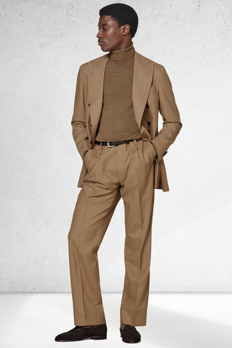 All brown outfit with a double-breasted suit, turtleneck, and loafers