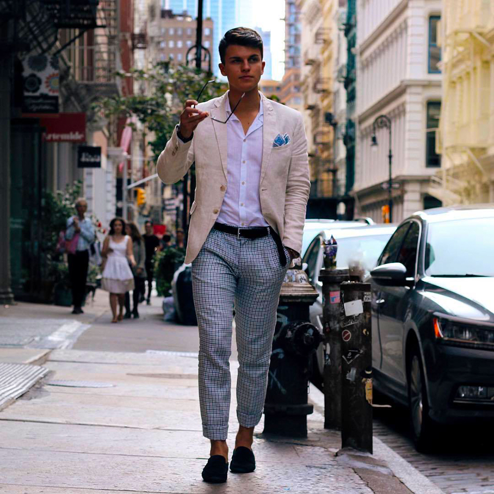 Beige blazer, white short sleeve shirt, gray check chinos, black loafers outfit