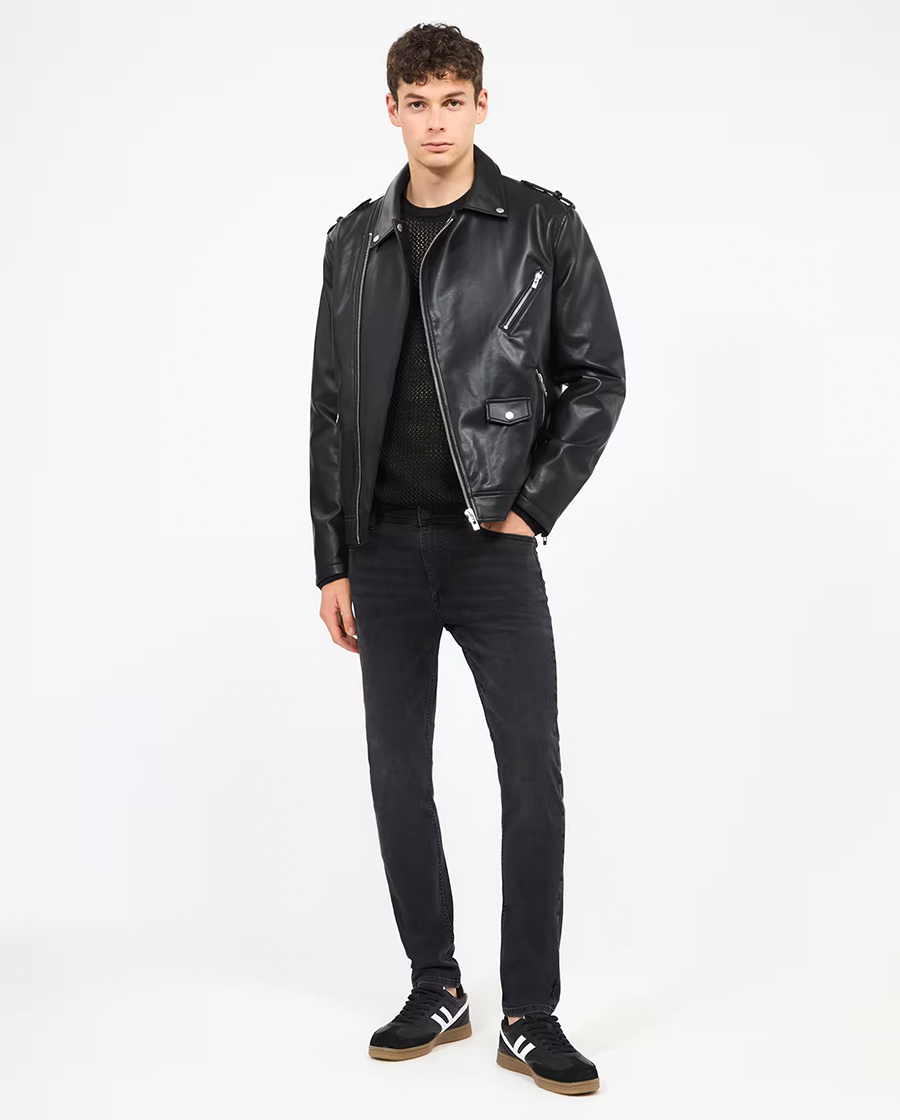 All-black leather jacket, jeans, and sneakers