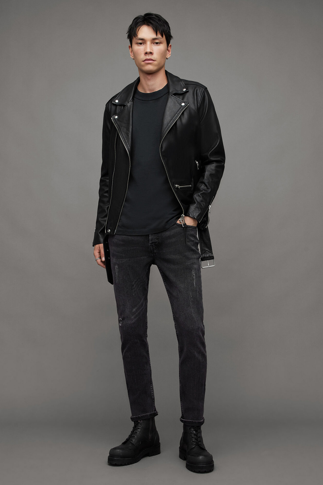 Black leather jacket, dark gray t-shirt, charcoal gray jeans, and black boots outfit