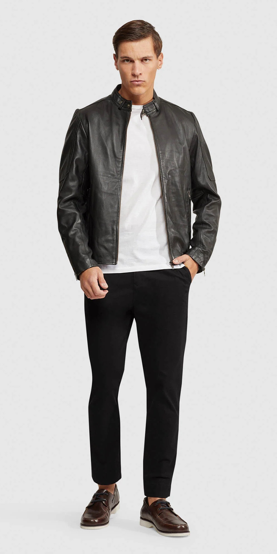 Black leather jacket, white t-shirt, black jeans, and brown shoes outfit