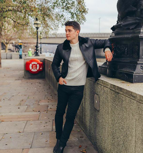 Black shearling jacket, white cable sweater, black jeans, black leather Chelsea boots outfit