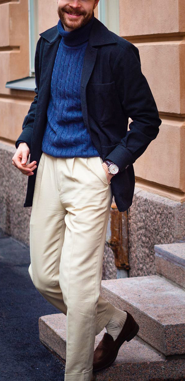 Blazer, chinos, knit sweater, and loafers outfit