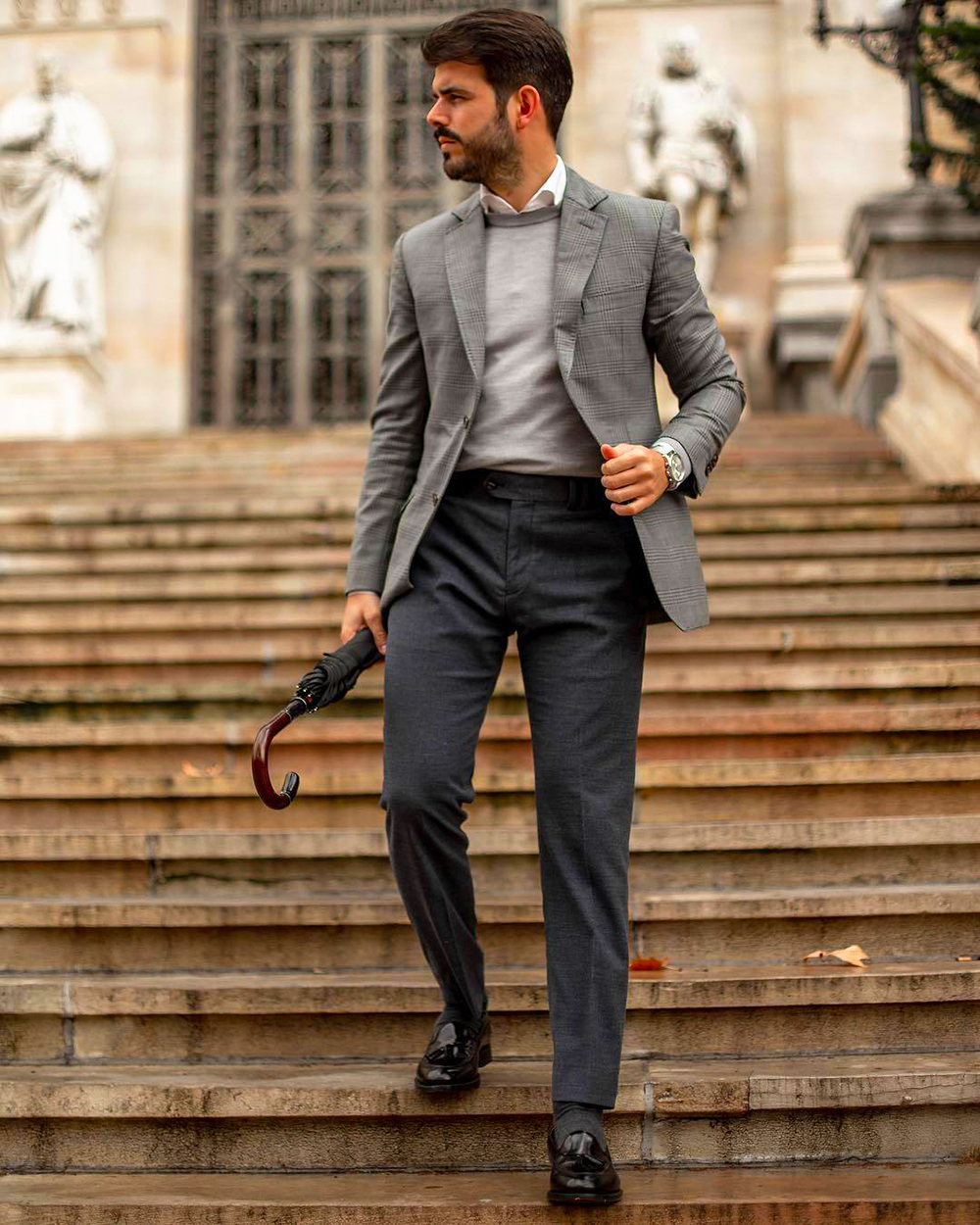 Blazer, crew neck sweater, shirt, and loafers semi-formal outfit