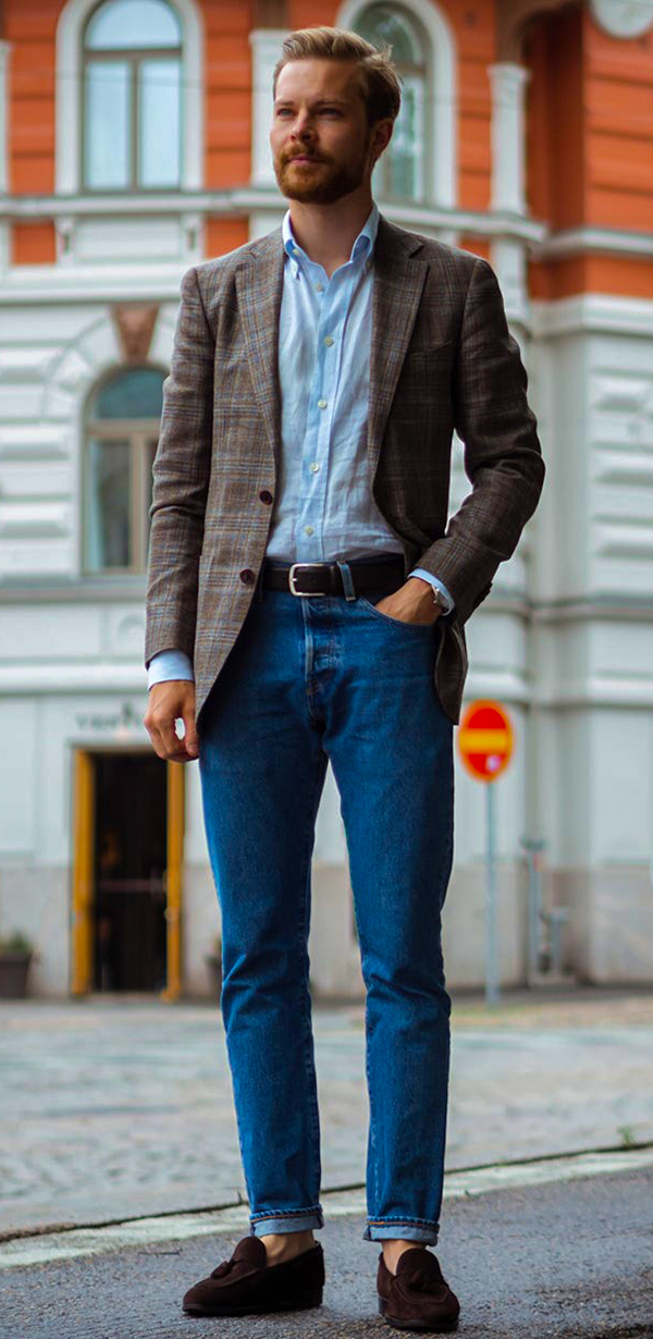 Light brown plaid blazer, light blue dress shirt, blue jeans, and brown suede loafers outfit