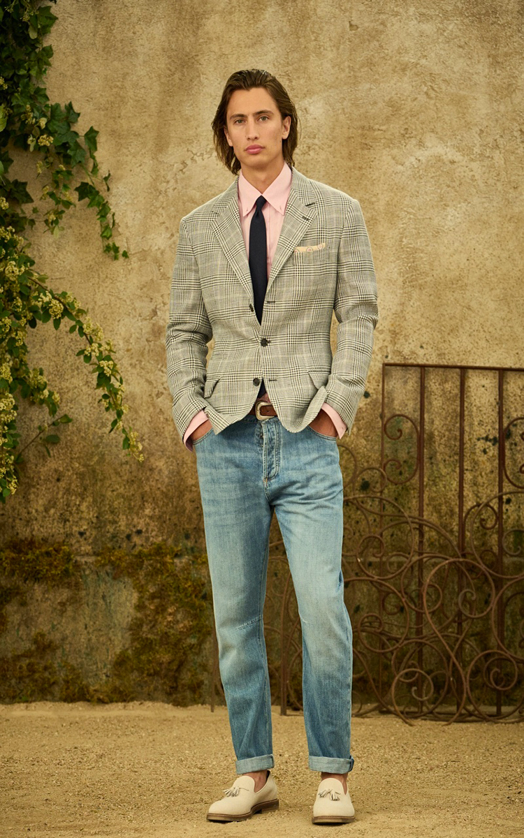 Blazer with a pink shirt, blue jeans, and loafers outfit