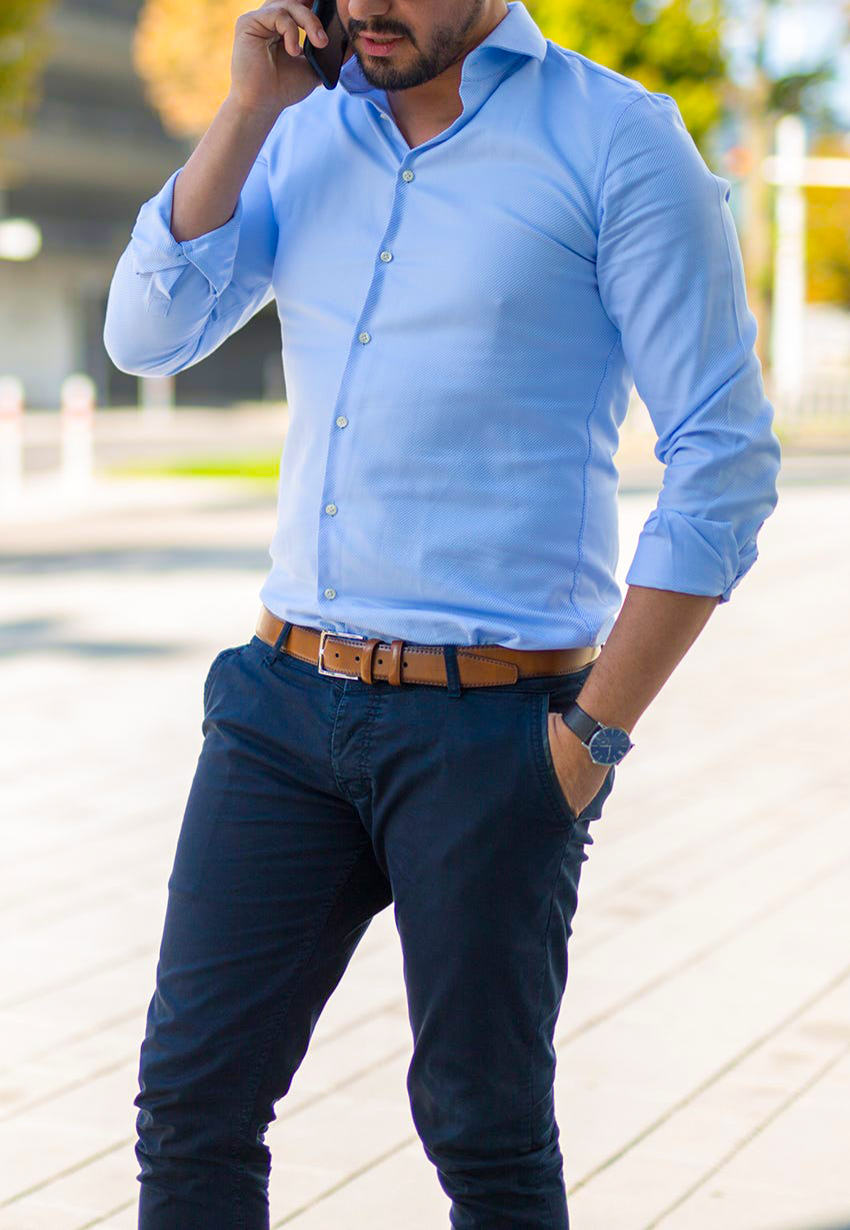 Blue casual shirt, navy chinos, brown brogues outfit