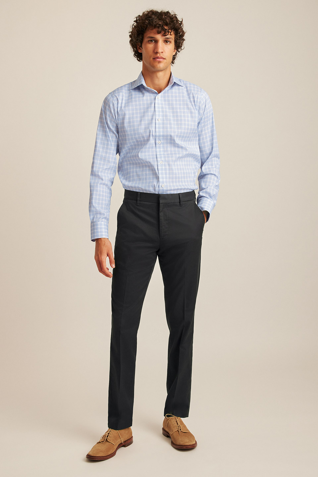 Blue dress shirt, black dress pants, and light brown derby shoes outfit