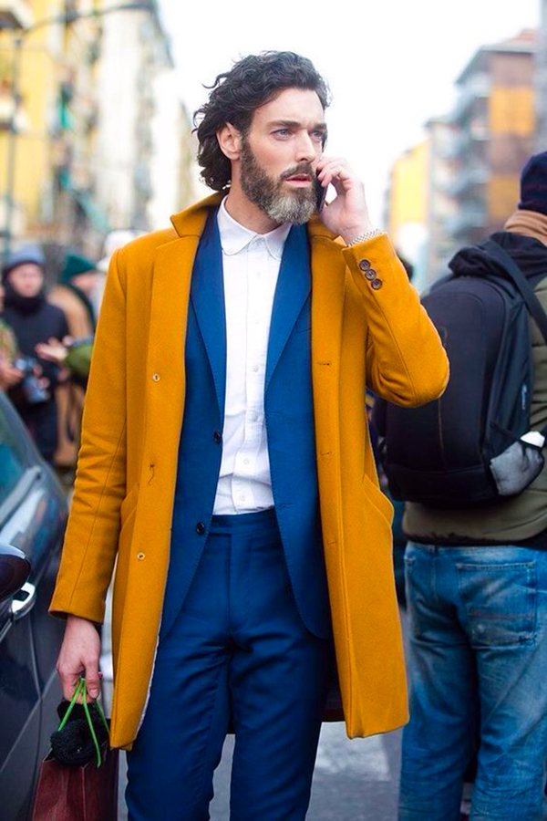 Blue suit, mustard overcoat, white dress shirt, brown shoes outfit