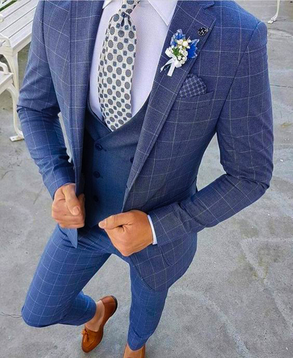 Three-piece blue suit with loafers outfit
