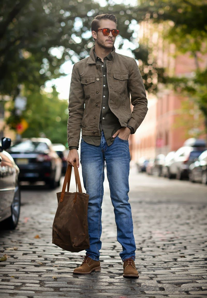 Brown denim jacket, olive shirt, blue jeans, and brown shoes outfit