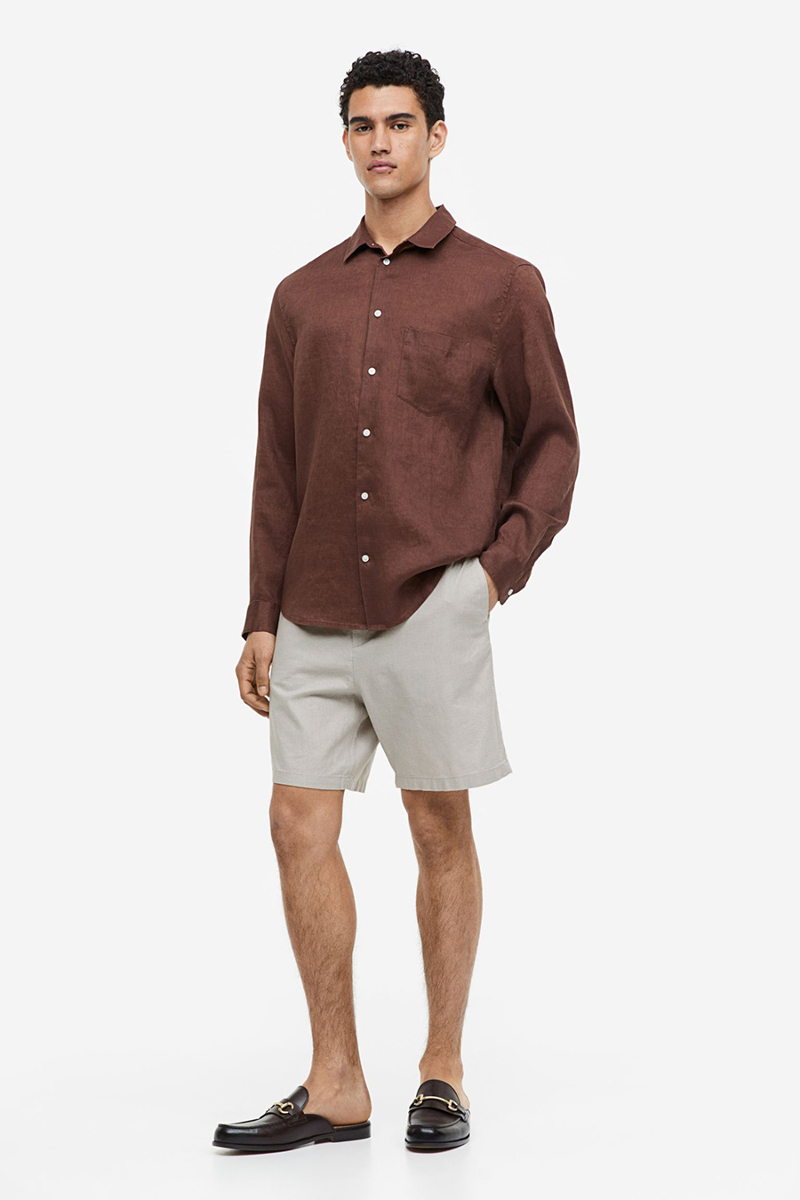 Brown linen long-sleeve shirt, gray shorts, and black loafers outfit