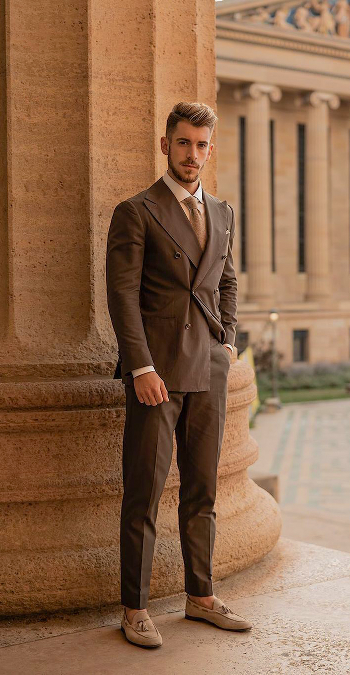 Brown suit, dress shirt, and tassel loafers outfit
