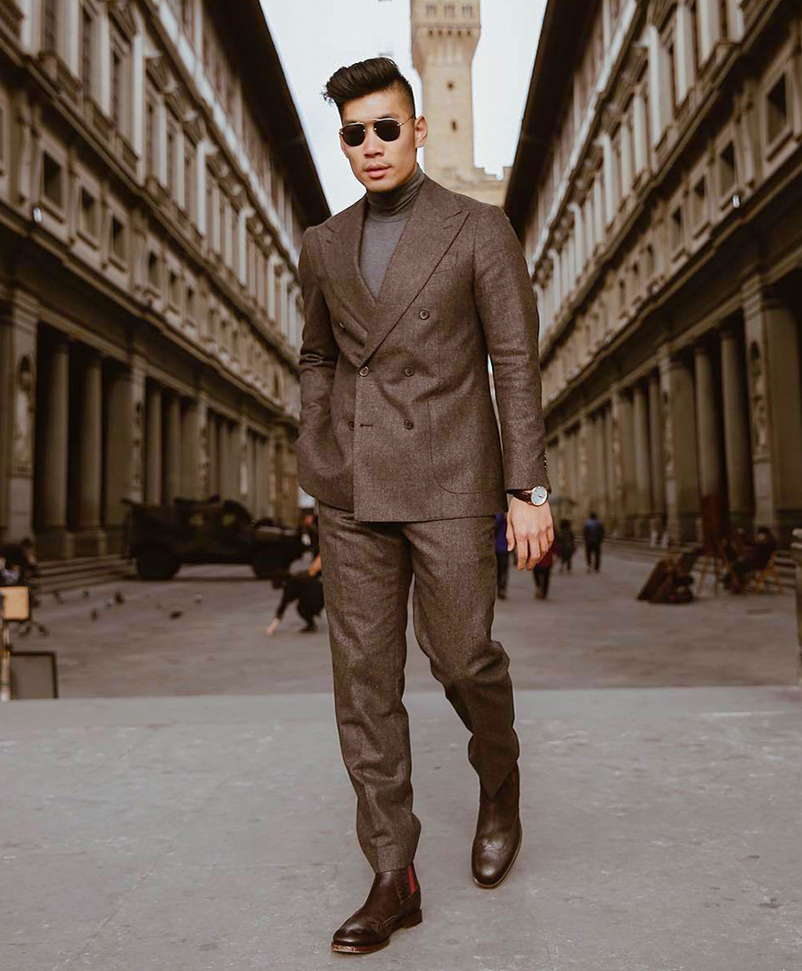 Brown suit, gray turtleneck, and brown Chelsea boots outfit