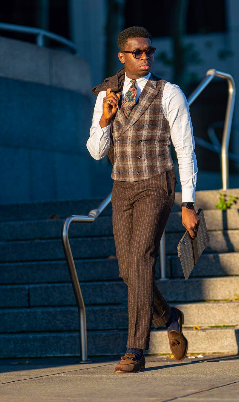 Brown suit, waistcoat, white shirt, and suede loafers outfit