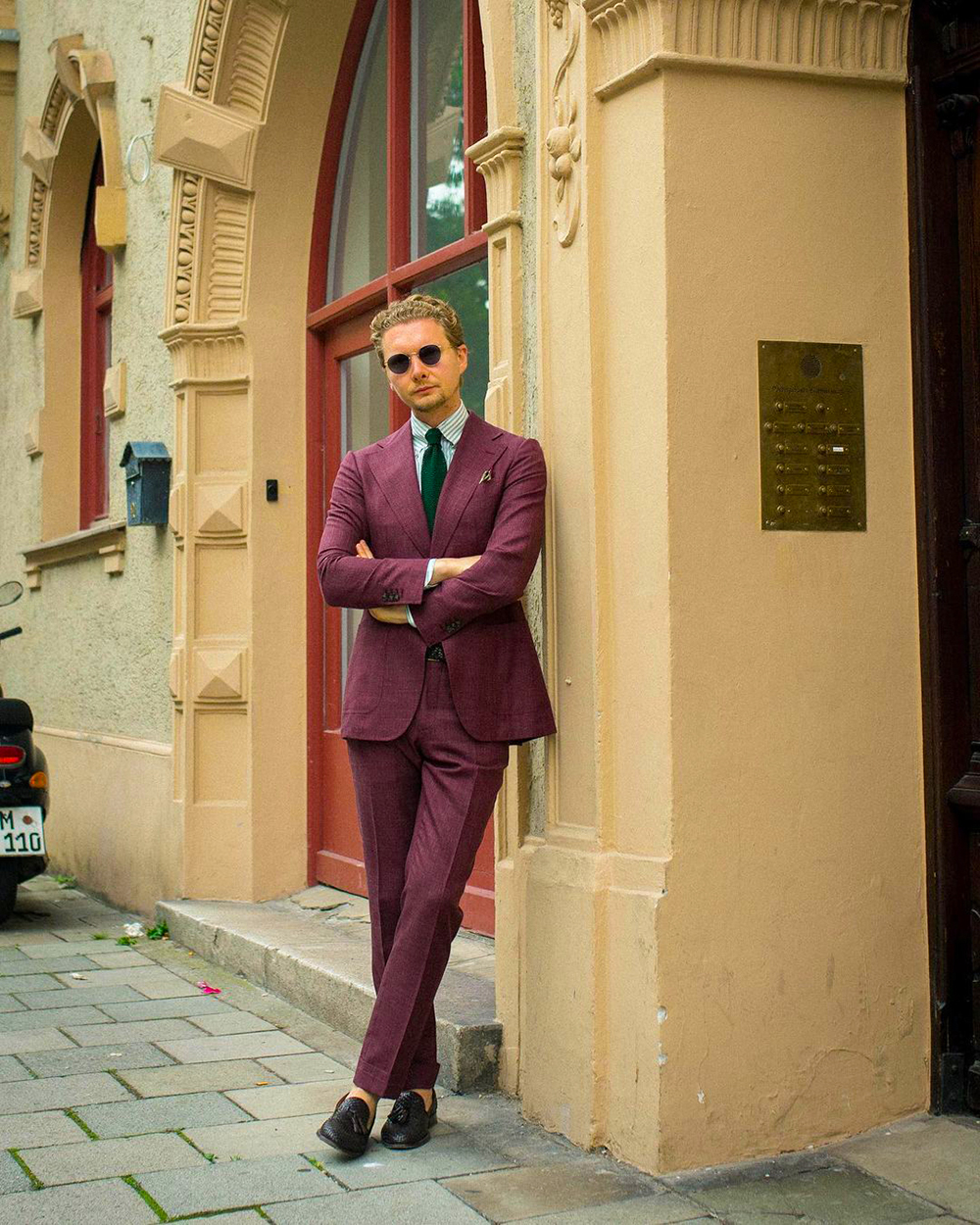 Burgundy suit with dress shirt and tassel loafers outfit
