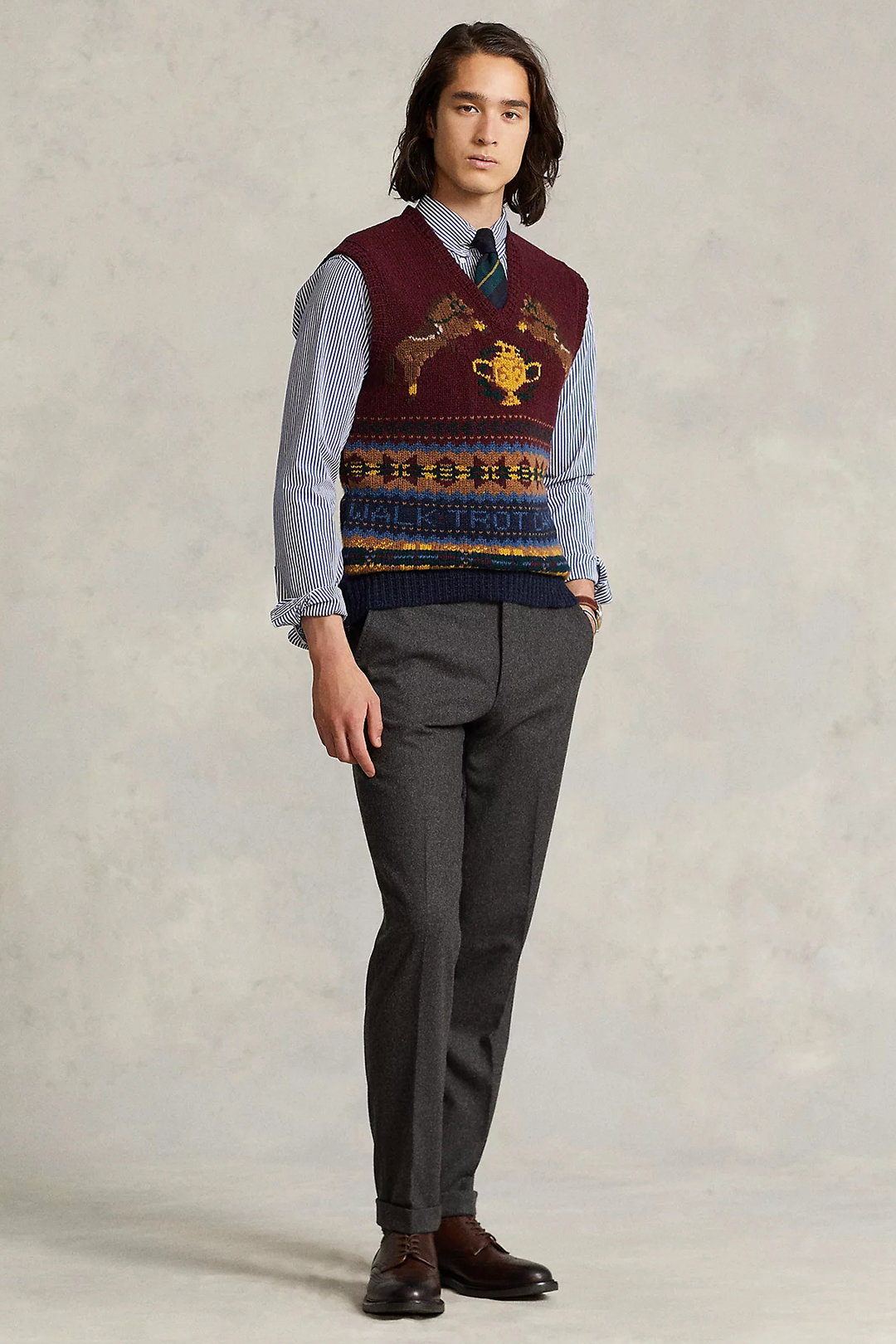 Burgundy sweater vest, blue shirt, dark green tie, charcoal dress pants and dark brown dress boots outfit
