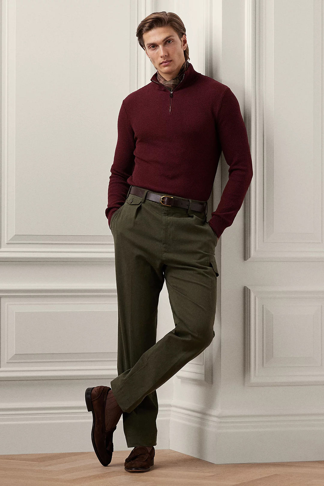 Burgundy zip neck sweater, brown scarf, green chinos, and brown loafers outfit