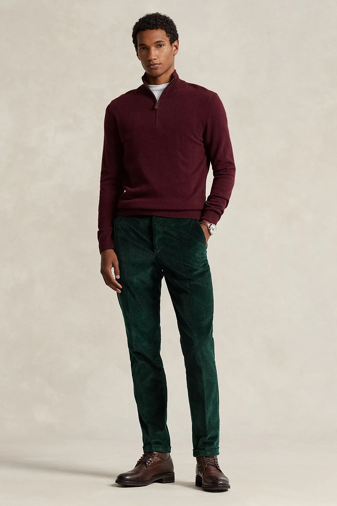 Burgundy zip neck sweater, corduroy trousers, and brown lace-up boots outfit