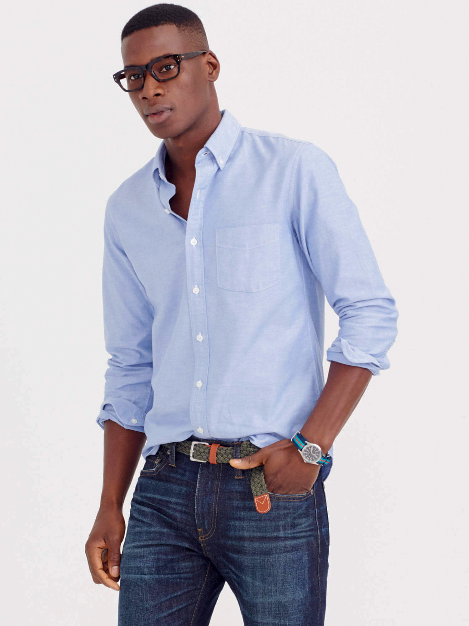 Button-down dress shirt and dark blue jeans outfit