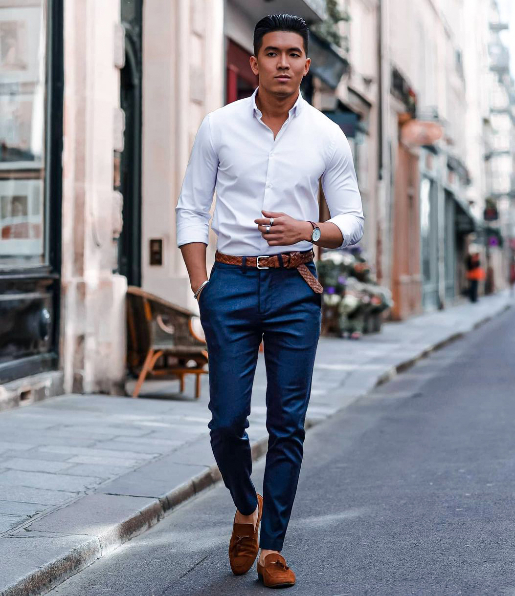 White button-up dress shirt with navy chinos and brown tassel loafers outfit