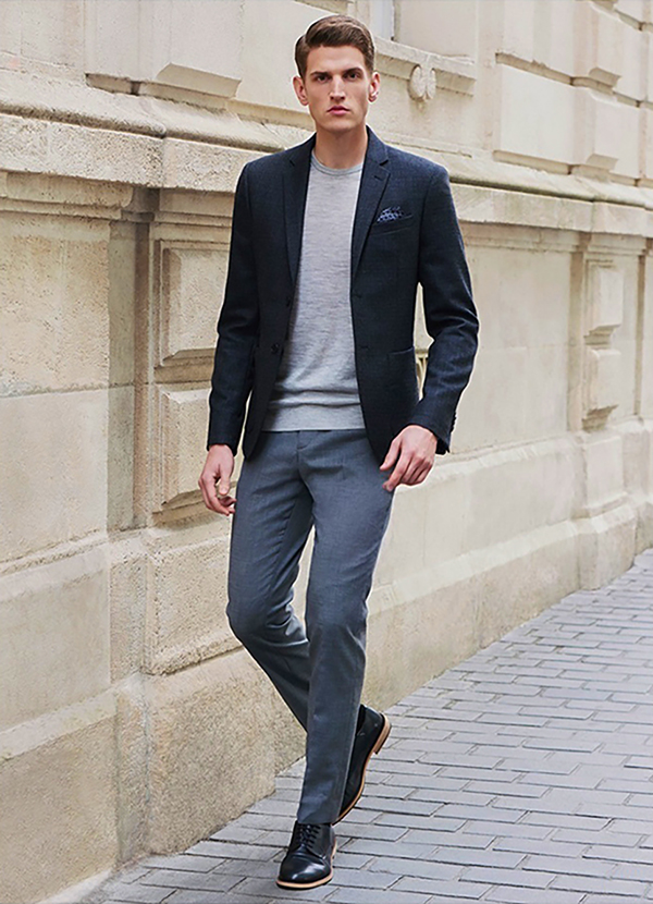 Charcoal wool blazer, gray dress pants, and derbies monochrome outfit