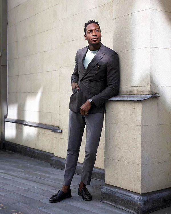 Charcoal double-breasted blazer with gray pants, crew-neck t-shirt and black loafers outfit