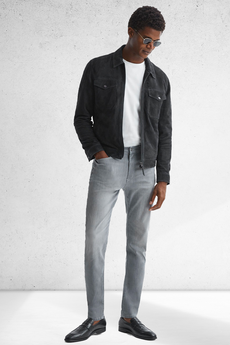 Charcoal leather jacket, white t-shirt, gray jeans, and black loafers outfit
