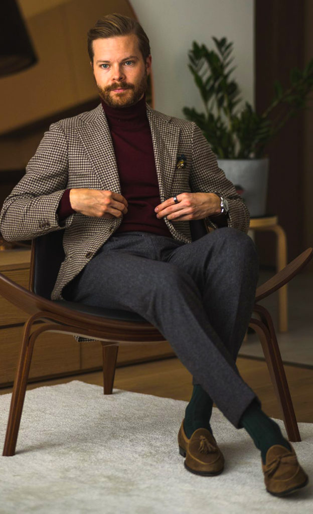 Check blazer, wool dress pants, tassel loafers outfit