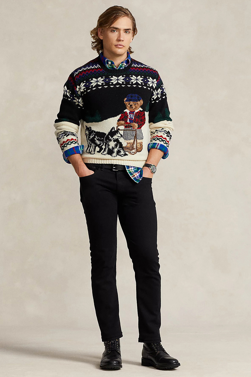 Christmas sweater and shirt, black chinos, and black boots outfit