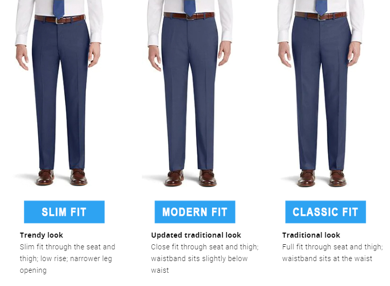 Classic fit, modern fit, and slim fit blue dress pants options