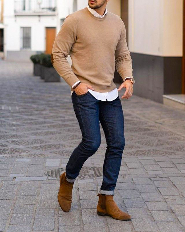 Cream sweater, white shirt, denim jeans, brown suede Chelsea boots outfit