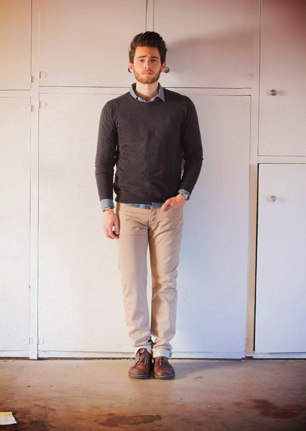 Crew-neck sweater, long sleeve shirt, and chino pants outfit