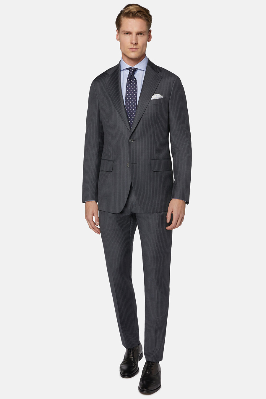 Dark gray pinstripe suit, sky blue shirt, and black leather oxford shoes outfit