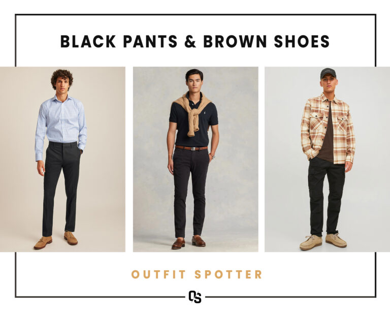 Different black pants and brown shoes outfits for men
