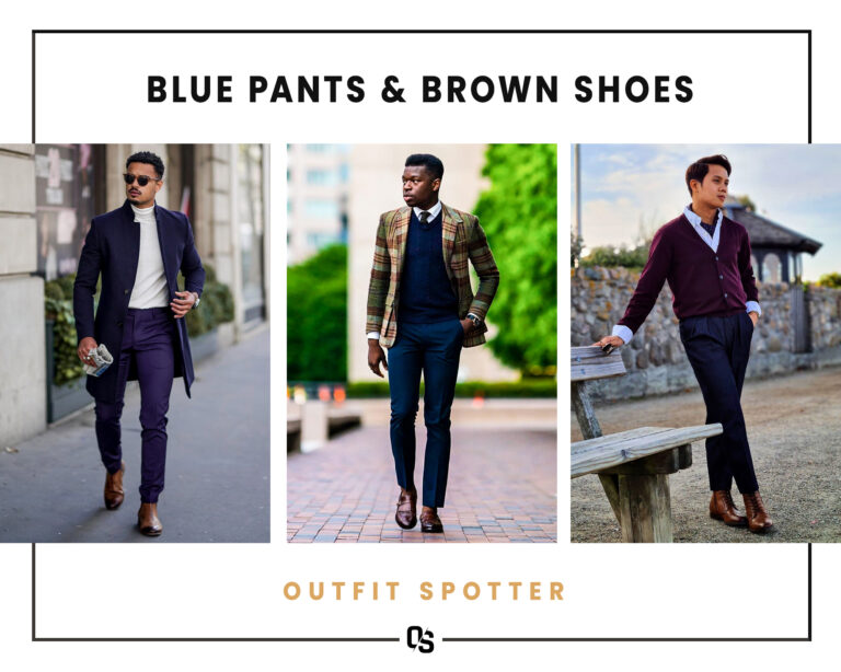 Different blue pants and brown shoes outfits for men