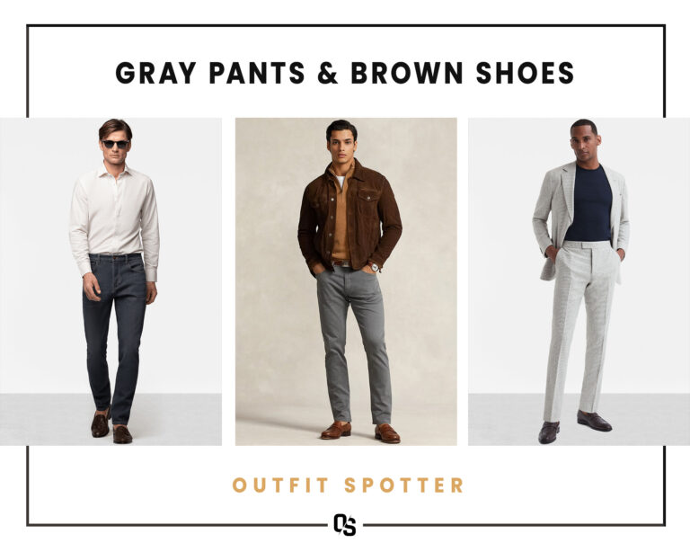 Different gray pants and brown shoes outfits for men
