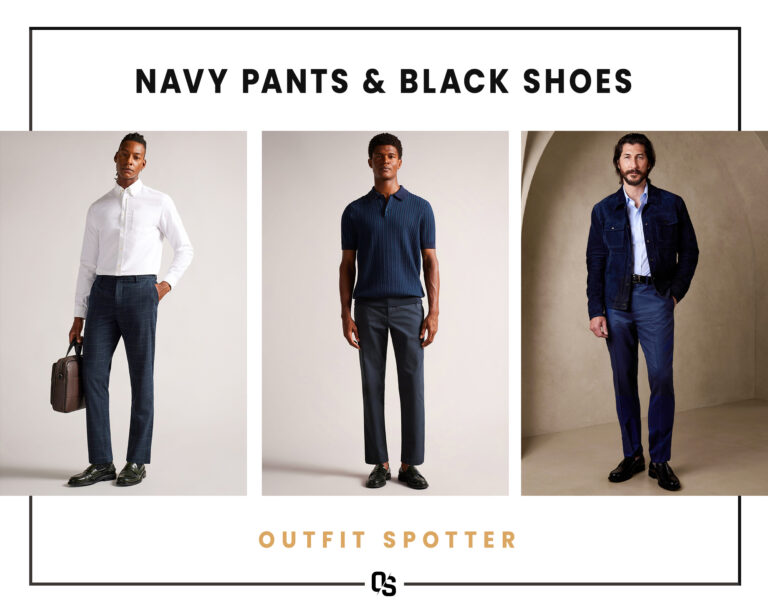 Different navy pants and black shoes outfits for men