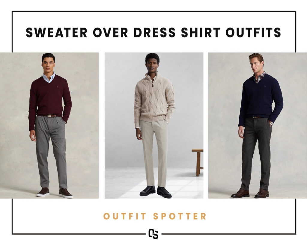 Different sweater over dress shirt outfits for men