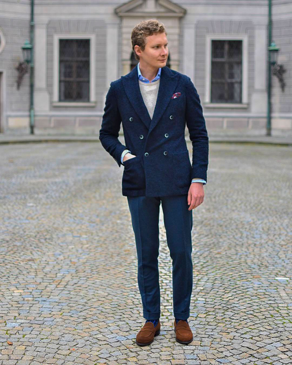 Double-breasted blazer with a sweater, dress shirt, and brown suede loafers outfit