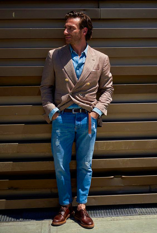 Double-breasted blazer, denim shirt, jeans, brown derbies outfit