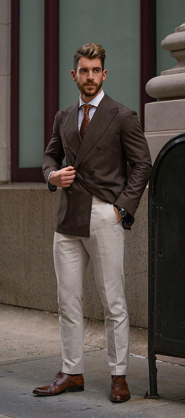 Double-breasted blazer, dress shirt, dress pants, and brown shoes outfit