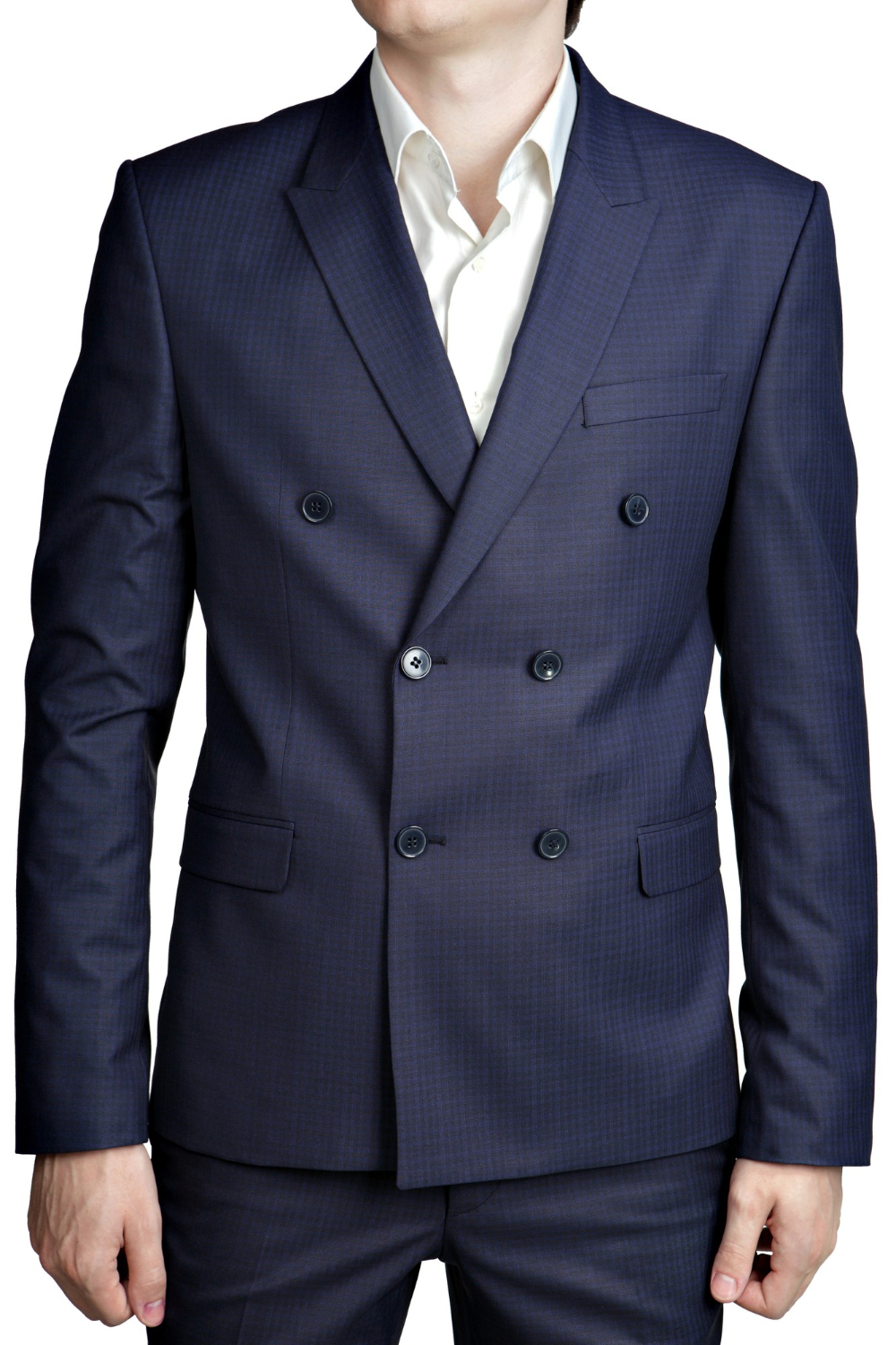 Double-breasted navy blue small checkered pattern suit
