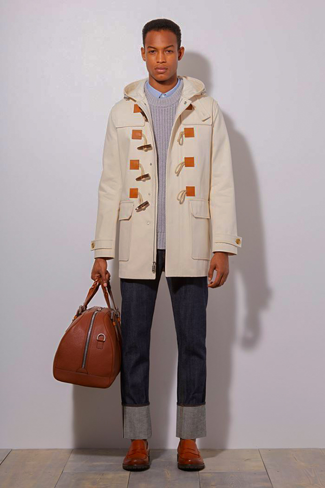 Duffle coat, cable sweater, dress shirt, and brown shoes outfit