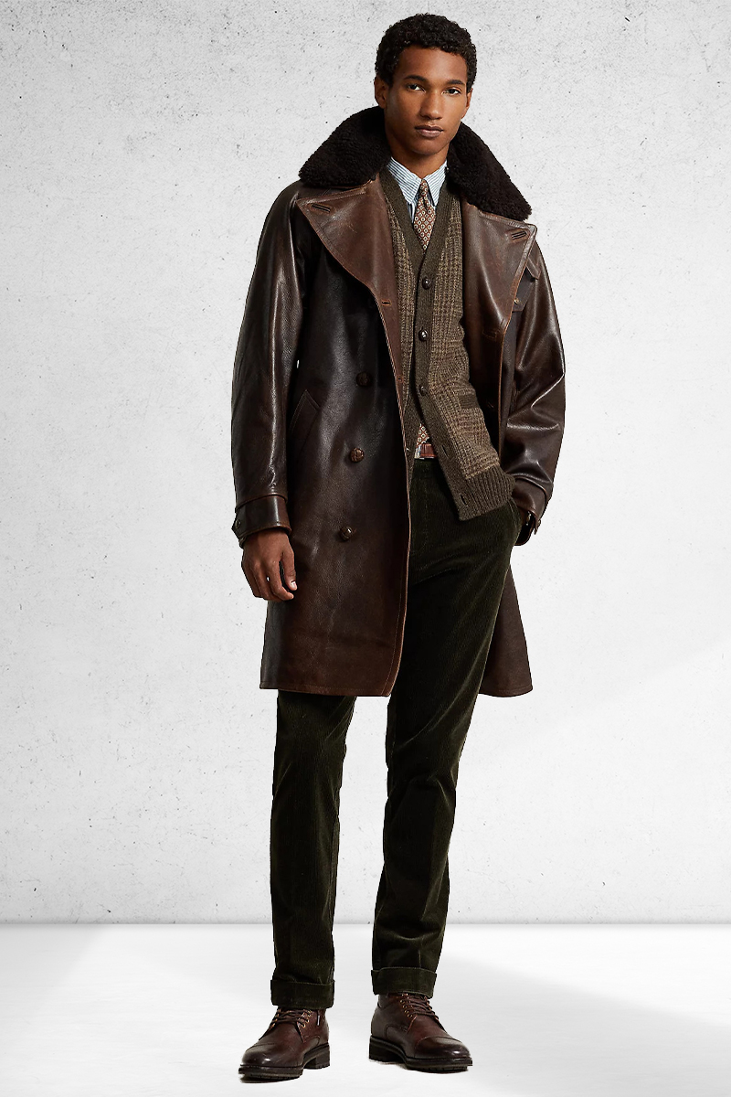 Glen plaid brown cardigan, brown coat, blue dress shirt, brown tie, green corduroy pants, and brown derby shoes outfit