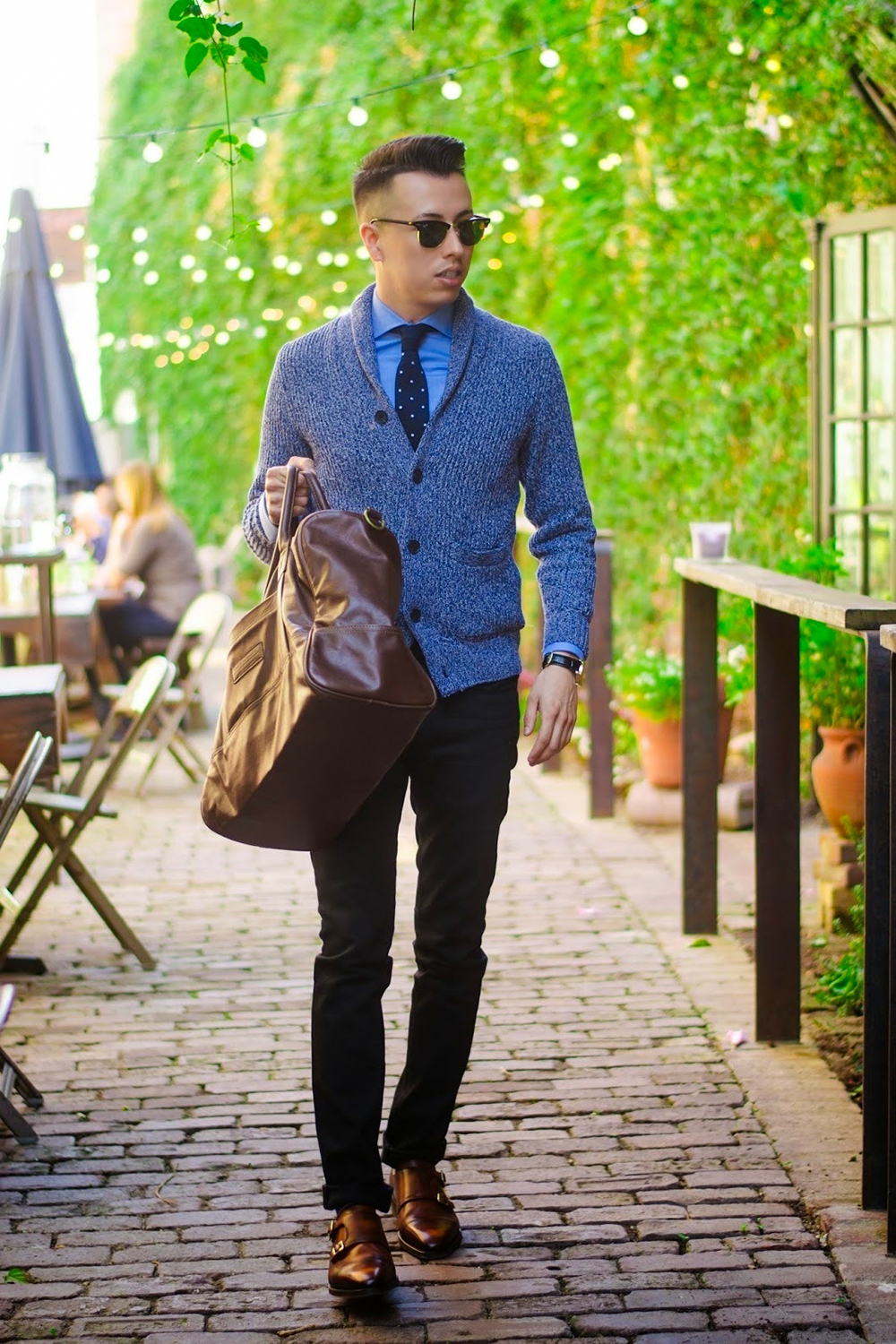 Gray shawl cardigan, blue shirt, black jeans outfit