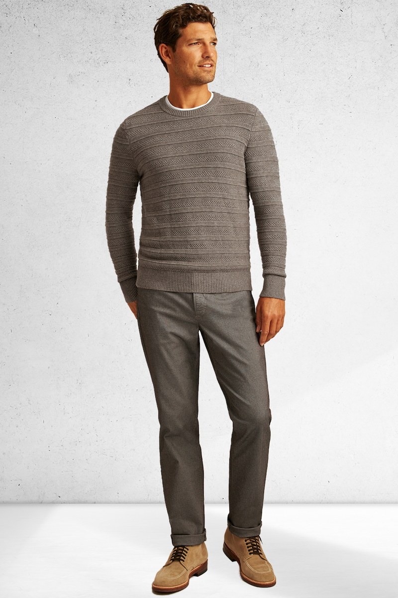 Gray sweater, gray jeans, and tan derby shoes outfit