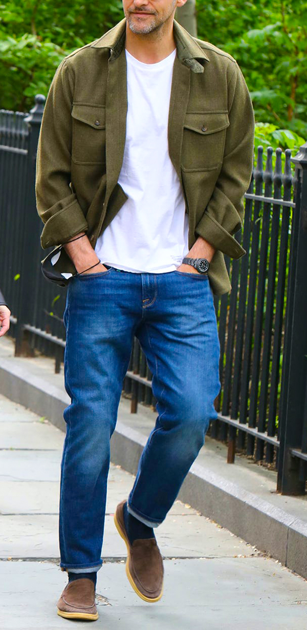 Green overshirt, white t-shirt, blue jeans, and slippers outfit