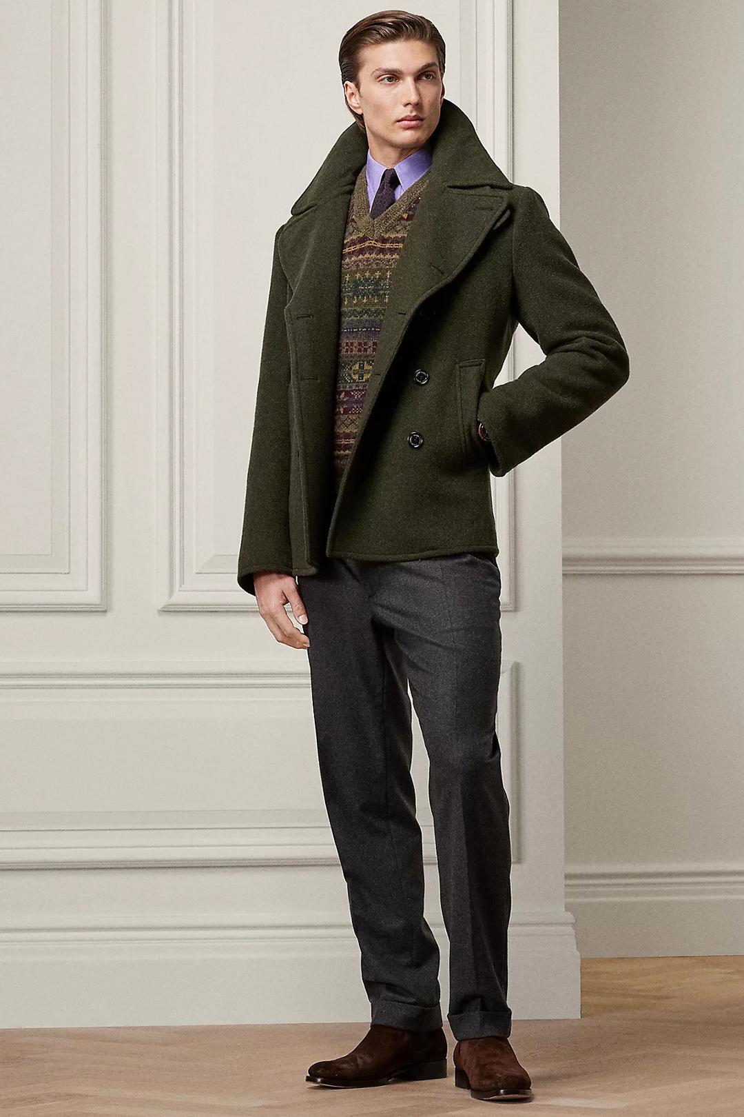 Green pea coat, purple dress shirt, brown fair isle sweater, charcoal dress pants, and brown suede Chelsea boots outfit