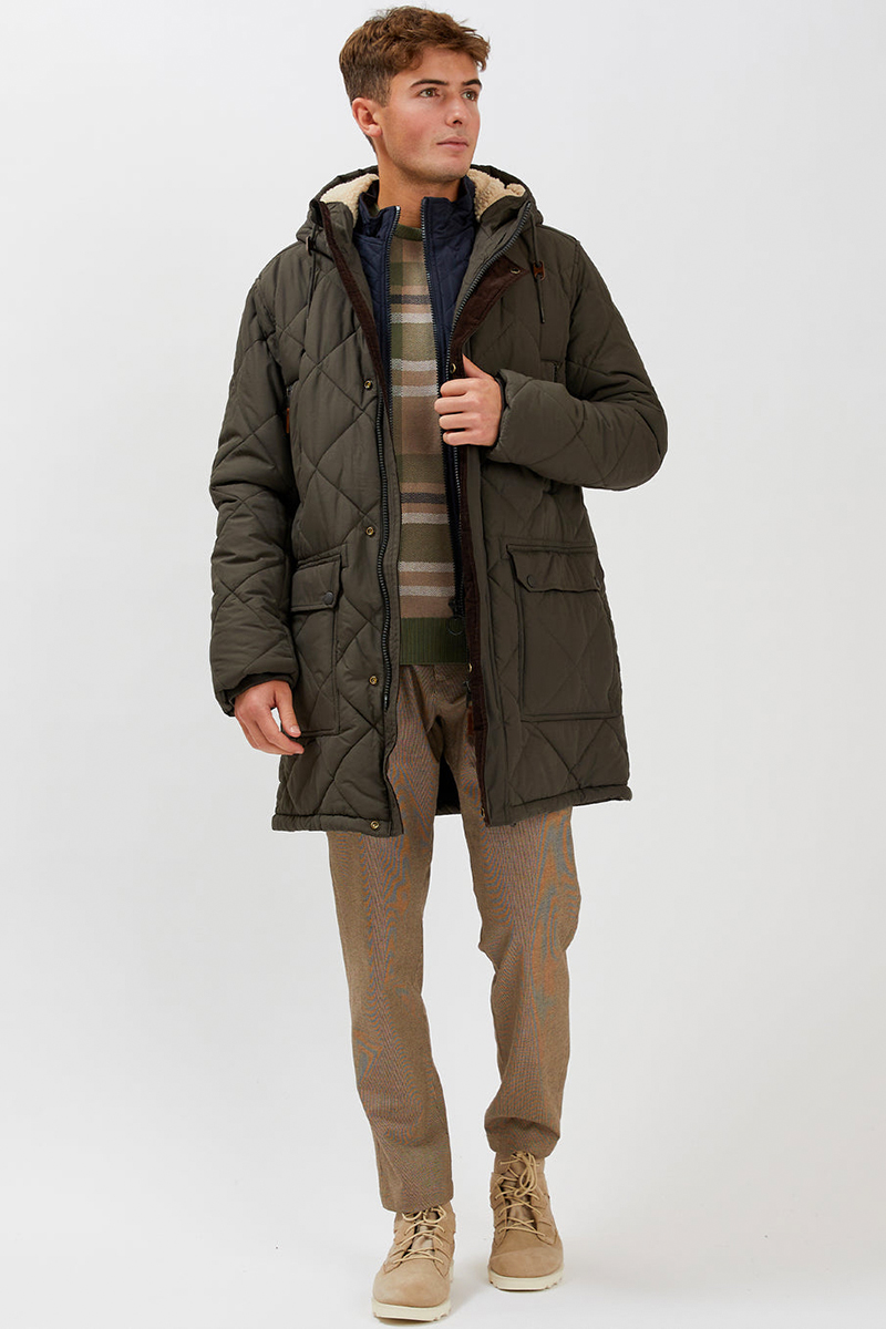 Green quilted parka jacket, crew neck brown and green sweater, brown trousers, and beige casual boots outfit